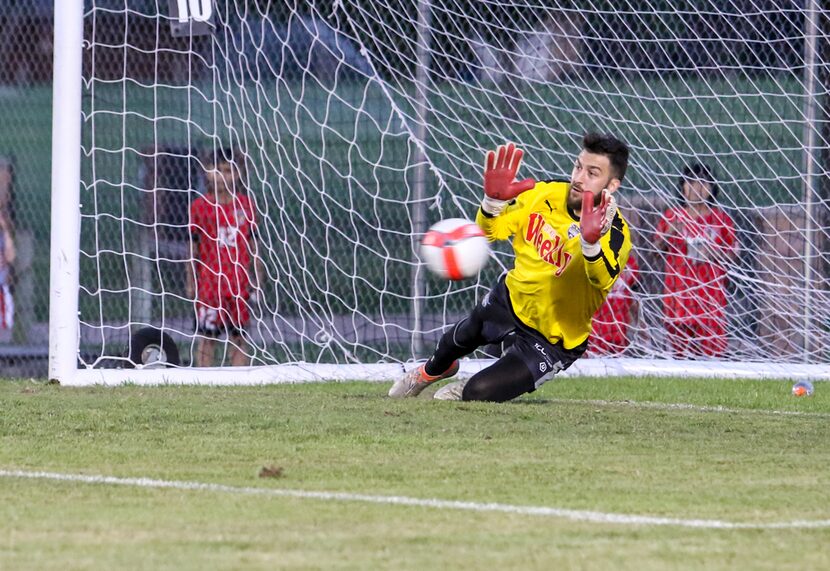 Fort Worth Vaqueros keeper Marko Jovanovic makes a save on a penalty kick.