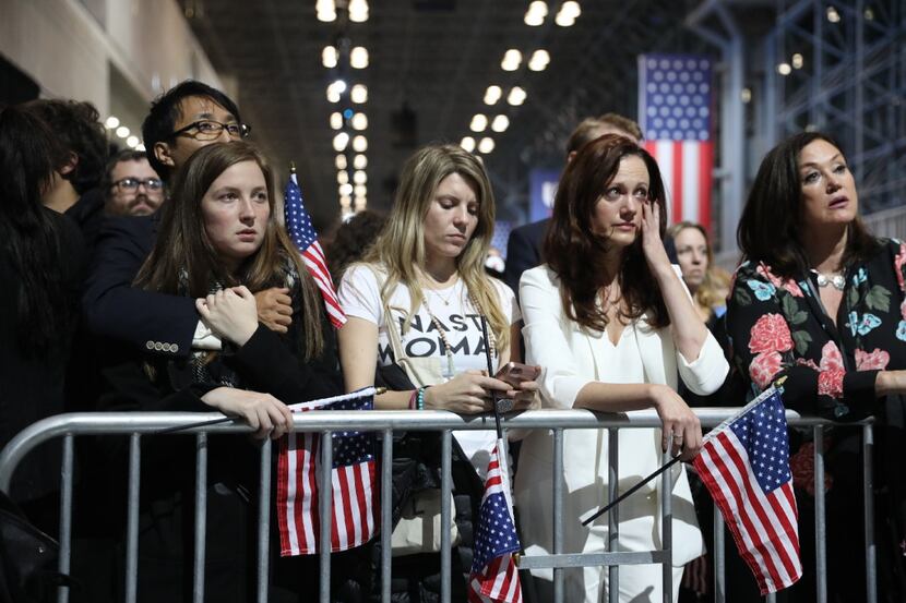 Women in an overflow area outside the Javits Center in New York, Hillary Clinton's election...