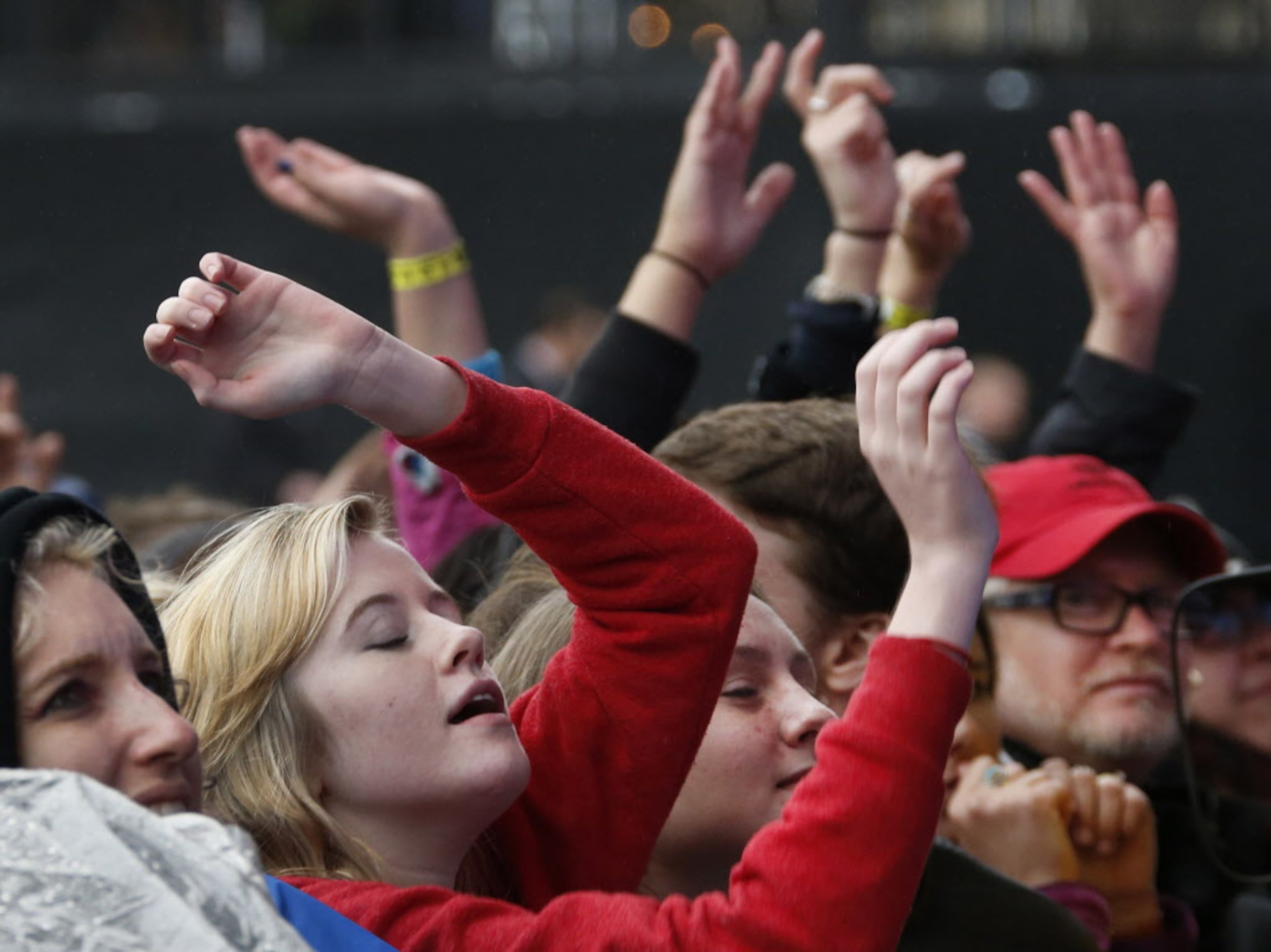 Fans enjoy the set by the band Fun. performs during the March Madness Music Festival in...