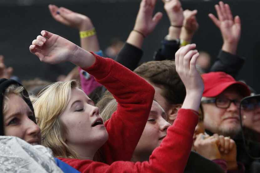 Fans enjoy the set by the band Fun. performs during the March Madness Music Festival in...