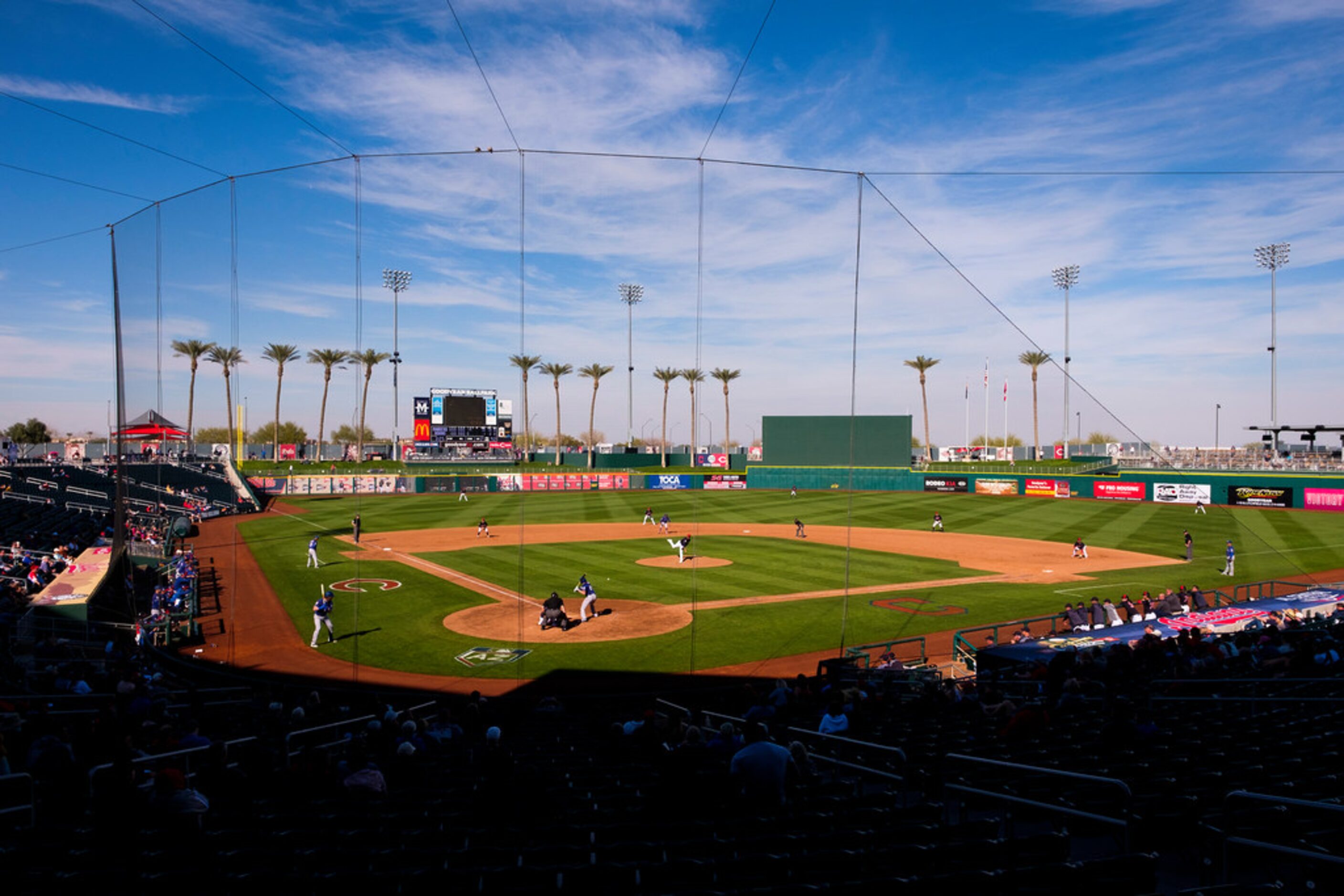 The Texas Rangers face the Cleveland Indians during the eighth inning of a spring training...