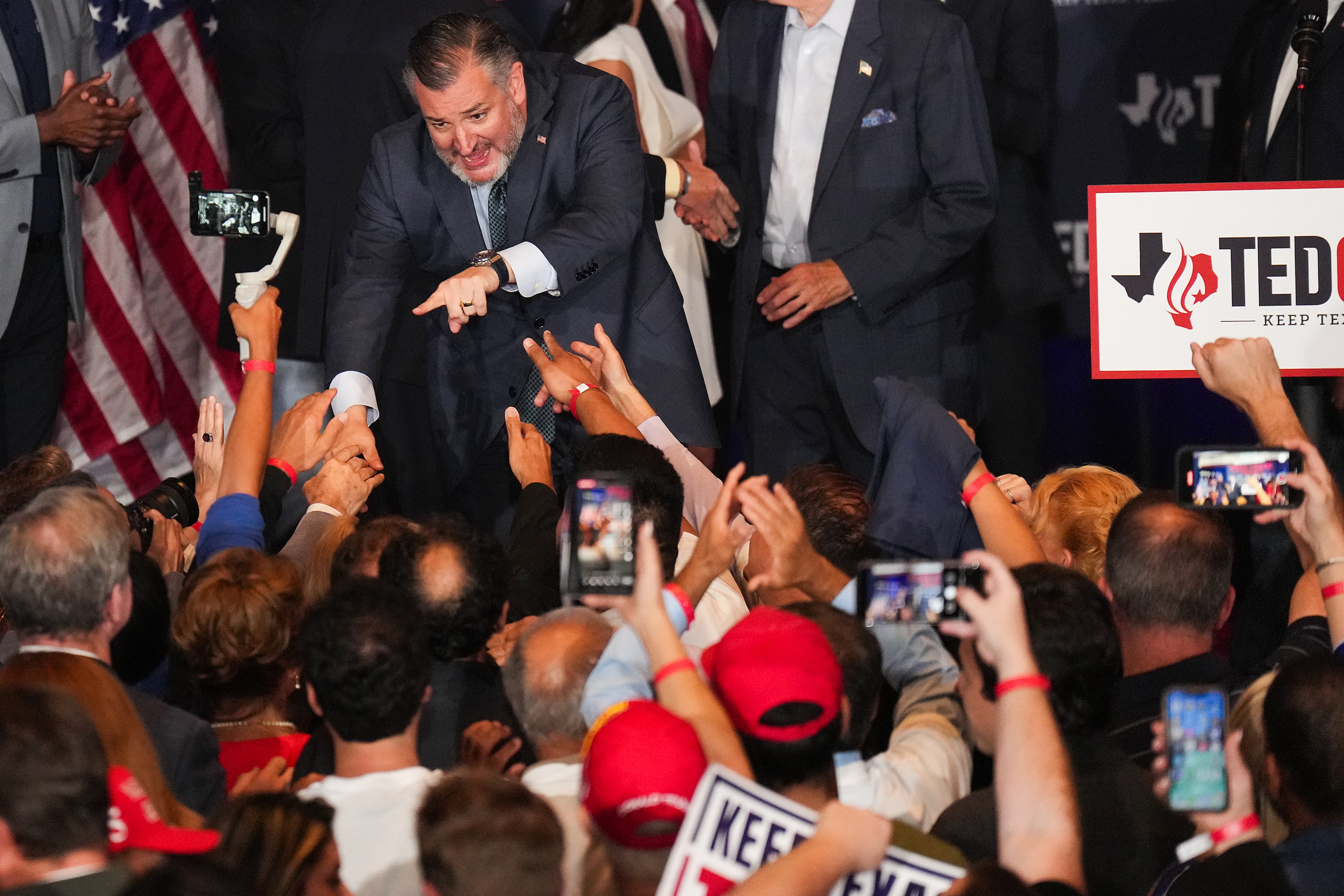 Sen. Ted Cruz, R-Texas, celebrates with supporters during an election night watch party on...