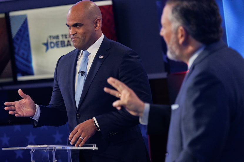 U.S. Rep. Colin Allred, D-Dallas, left, and U.S. Sen. Ted Cruz, R-Texas, take part in a...