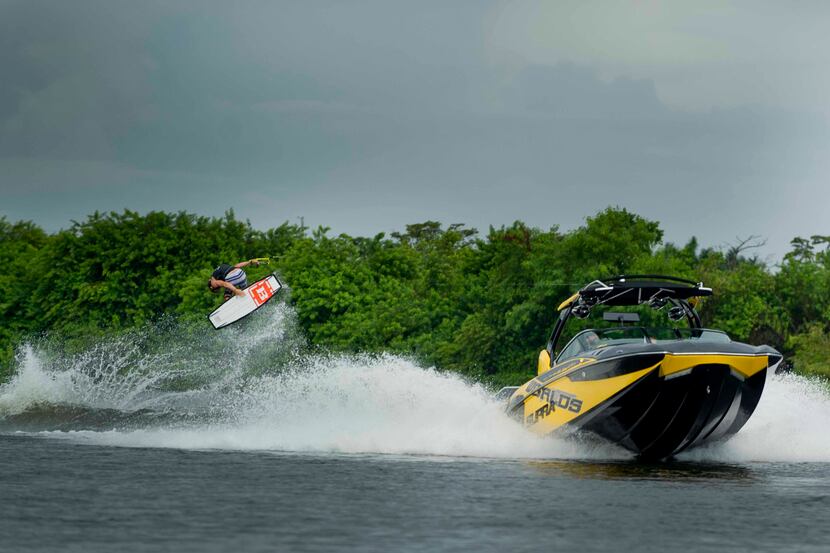 A wakeboarder catches big air in the Supra Boats Pro Wakeboarding Tour. 