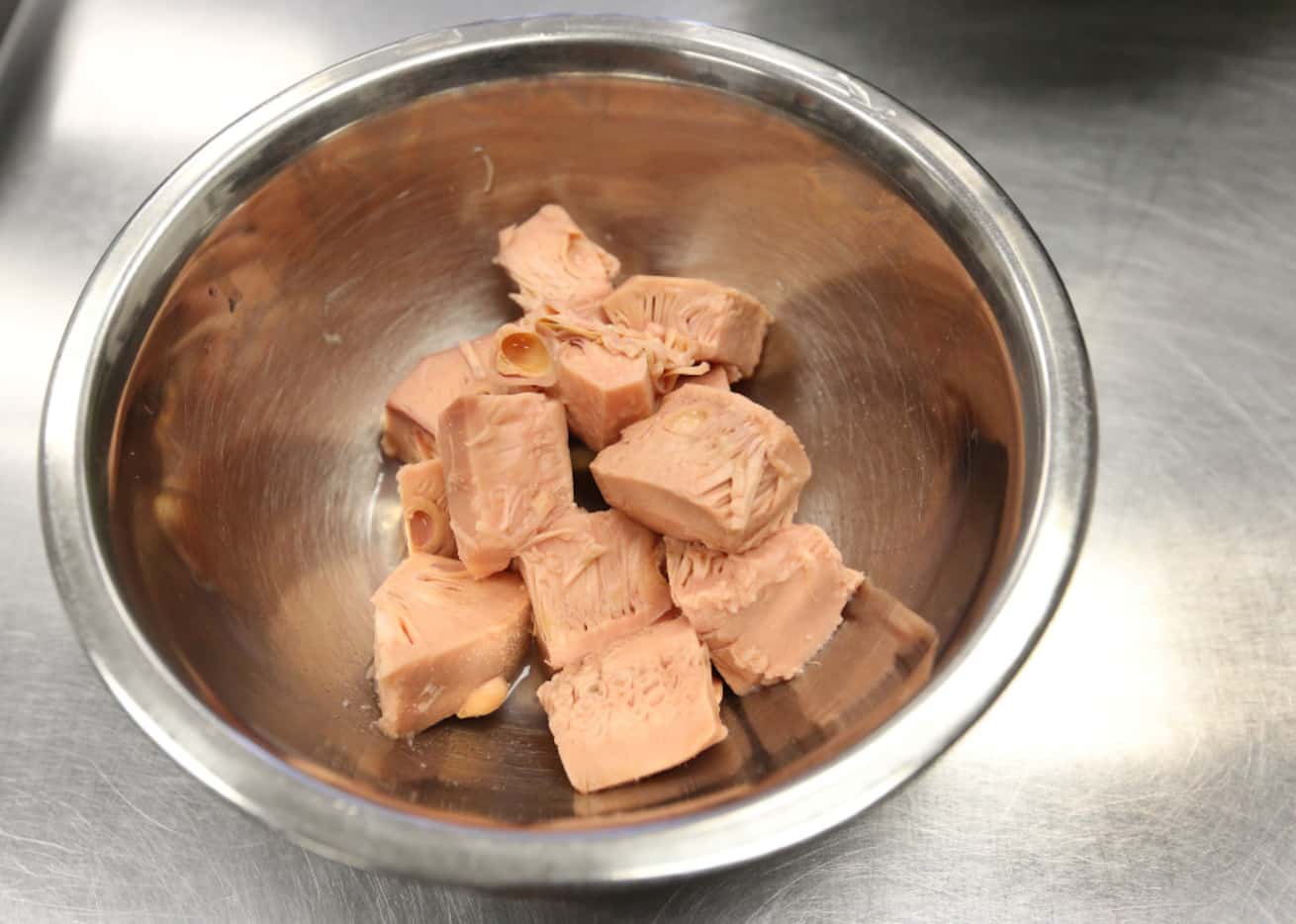 A look at the raw jackfruit meat to be used in recipes at Nature's Plate in Dallas. 