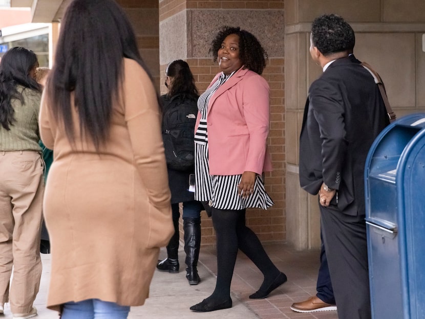 Ashley Carr, sister of Atatiana Jefferson, court the first day of testimony in the...