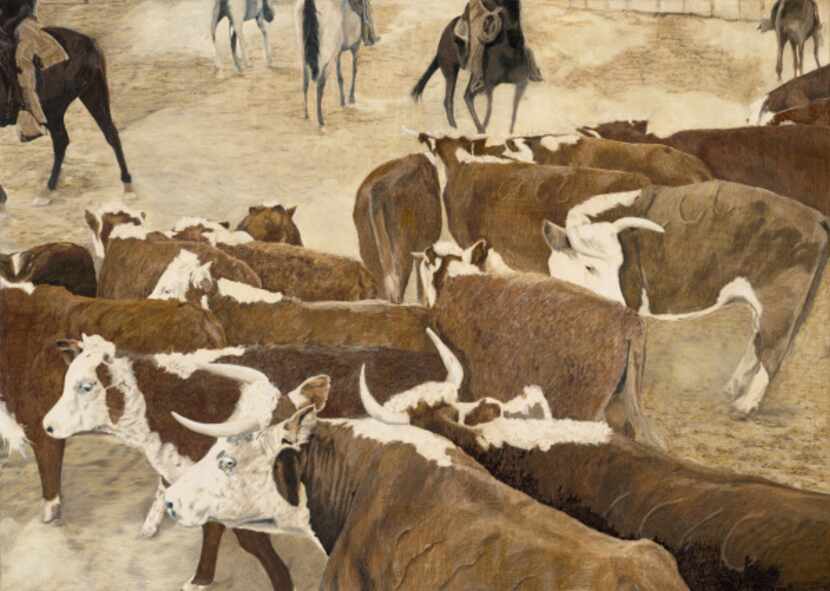  "Four Sixes Cattle Drive" by FW artist Natalie Erwin. Mixed media on birch wood panel, 45...