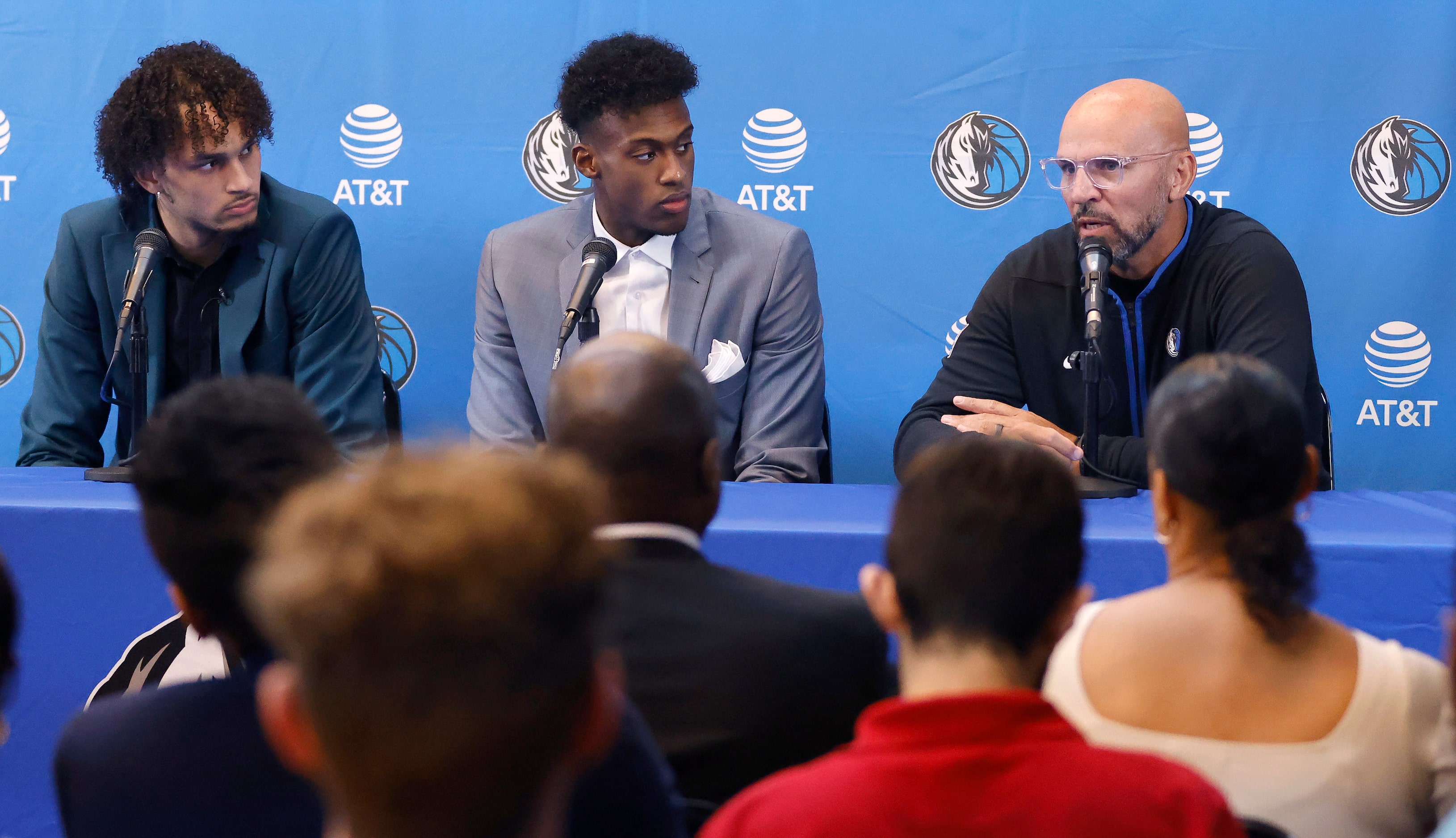 Newly drafted Dallas Mavericks players Dereck Lively II of Duke (left) and Olivier-Maxence...