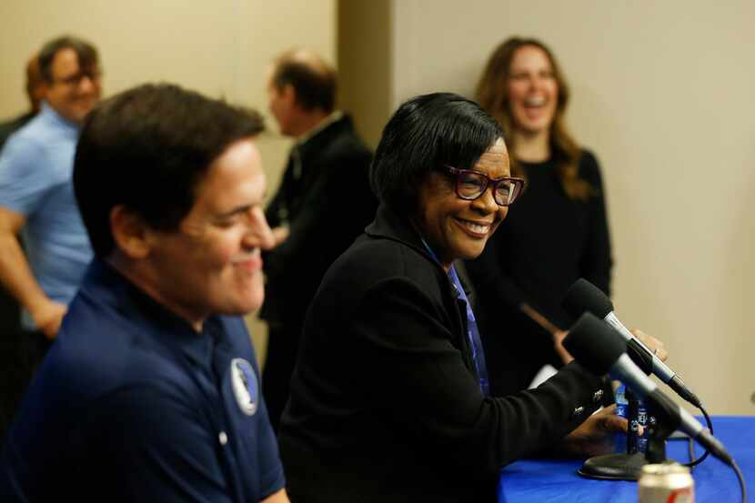 Dallas Mavericks CEO Cynthia Marshall answers questions from the media as owner Mark Cuban...