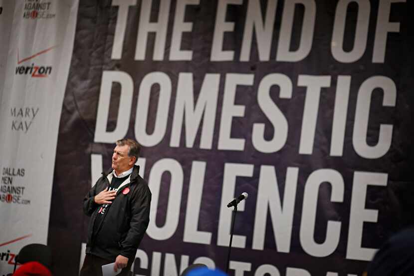 
Dallas Mayor Mike Rawlings addresses the crowd during the "Men Against Abuse Rally"...