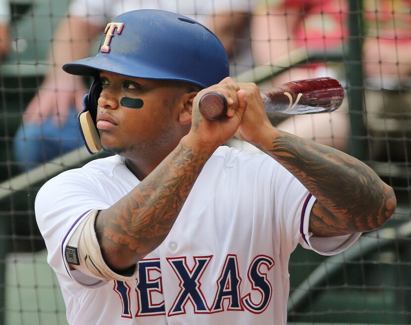 Texas Rangers left fielder Willie Calhoun (55) is pictured during the Houston Astros vs. the...