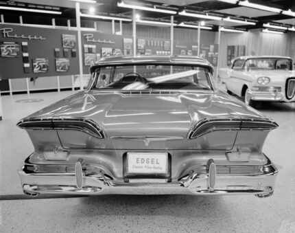 The rear end of the infamous Edsel in seen at a car dealership in Detroit, Mich., Aug. 20,...