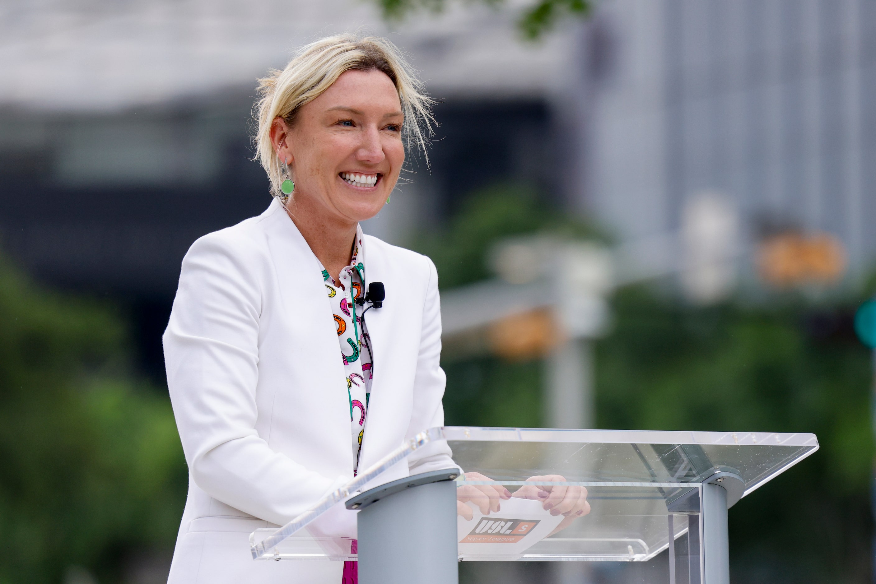 USL Super League President Amanda Vandervort speaks before the unveiling of the Dallas USL...