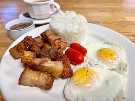 The lechon kawali silog at Marie's Kitchen is made with deep-fried pork belly.