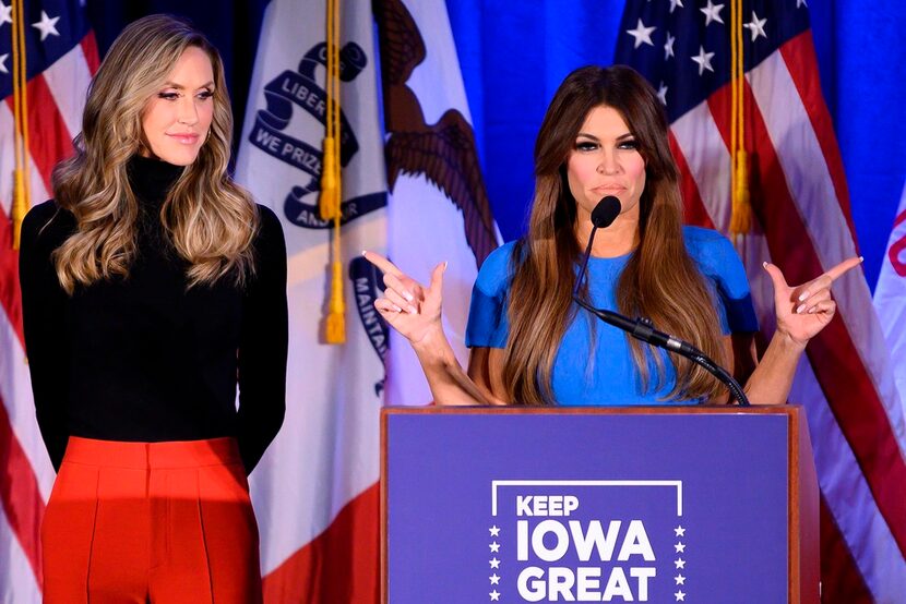 Donald Trump Jr's girlfriend Kimberly Guilfoyle speaks with Lara Trump (L), wife of Eric...