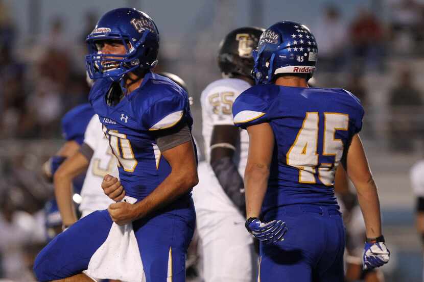 Frisco's Jake Battaglia (10) reacts after keeping The Colony's Bryan Hammond (3) from...