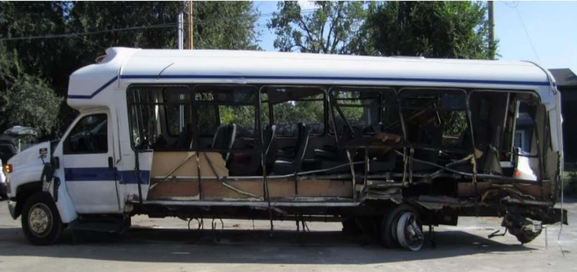 The 2008 Champion Defender bus is shown as it looked after the crash.