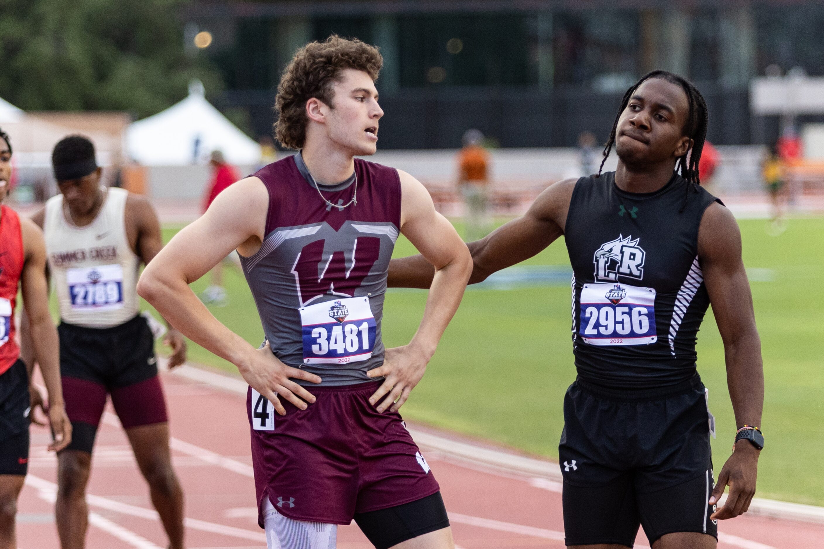 Lucas Popelka of Wylie, left, and Dominic Byles of Mansfield Lake Ridge congratulate each...