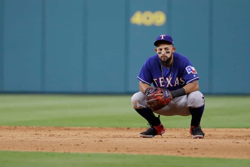 Texas Rangers second baseman Rougned Odor waits between batters during the seventh inning of...