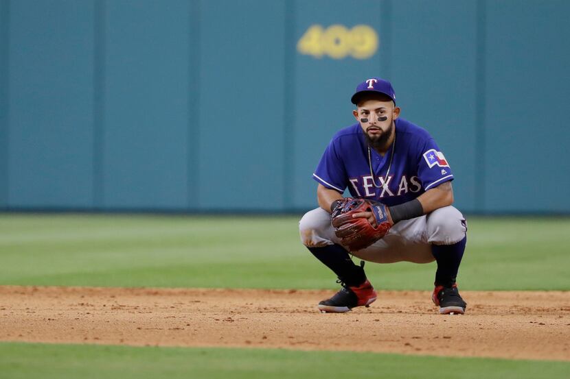 Texas Rangers second baseman Rougned Odor waits between batters during the seventh inning of...