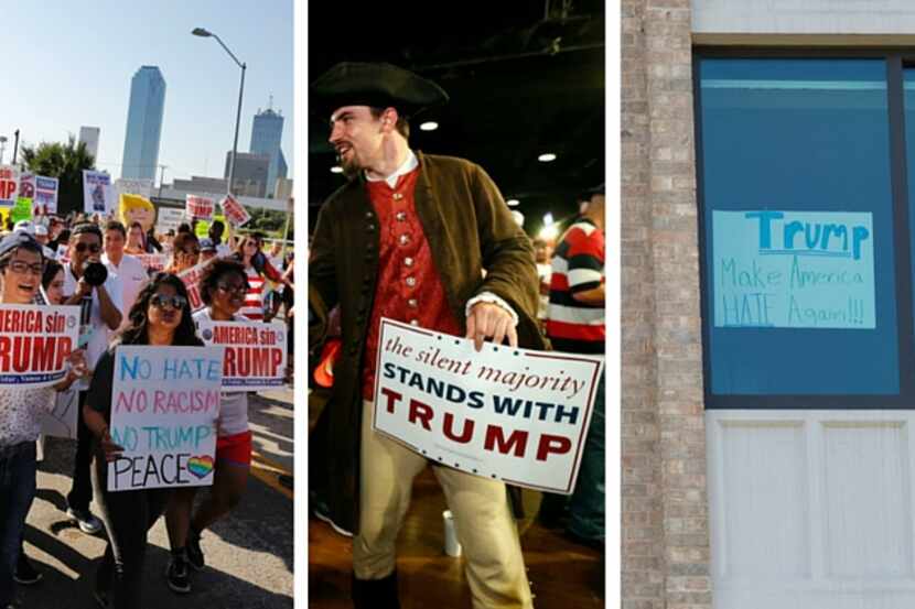 Imagenes de las muestras de apoyo y protestas en Dallas durante la visita de Donald Trump....