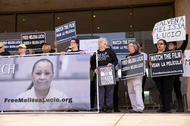 People gather at Dallas City Hall to protest Melissa Lucio’s execution scheduled for April...