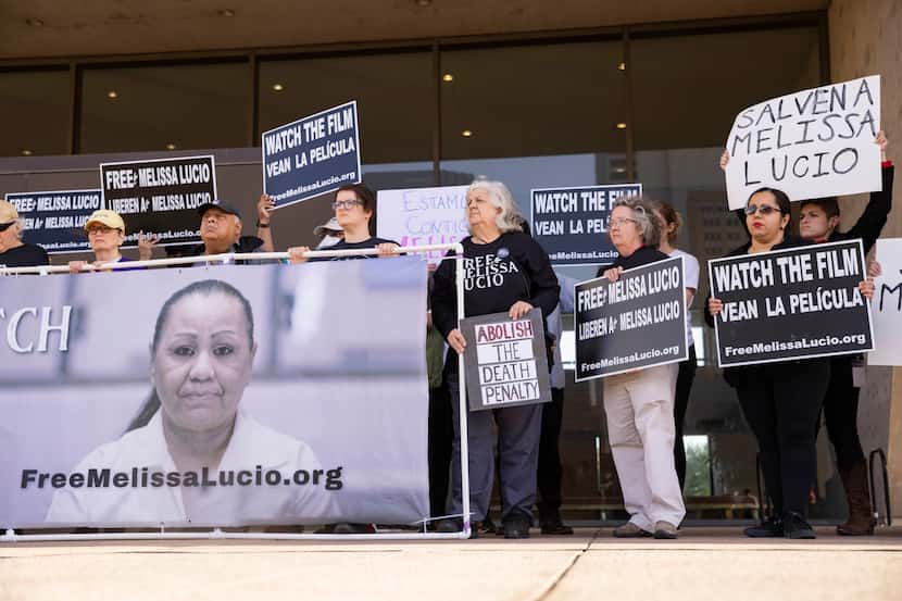 People gather at Dallas City Hall to protest Melissa Lucio’s execution scheduled for April...