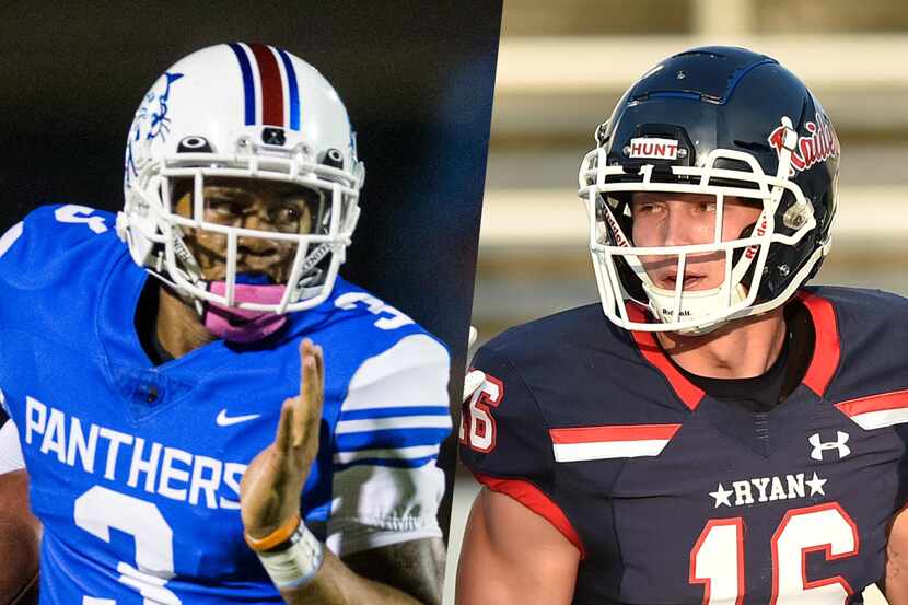 Duncanville quarterback Ja'Quinden Jackson (left) and Denton Ryan linebacker Drew Sanders...