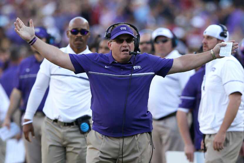 FILE - In this Oct. 1, 2016, file photo, TCU coach Gary Patterson reacts to a play during...