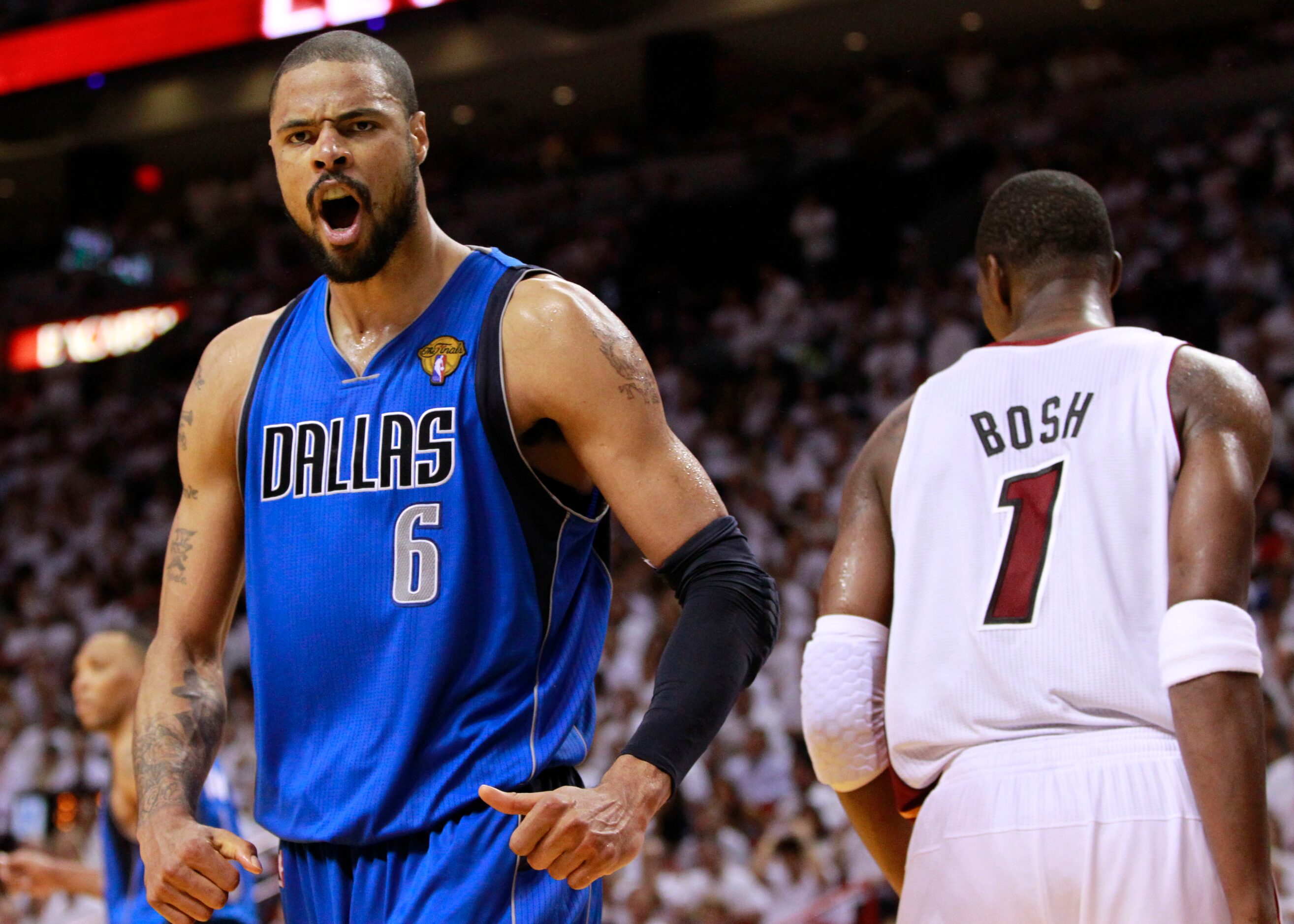 Dallas Mavericks center Tyson Chandler (6) reacts after forcing a turnover on Miami Heat...