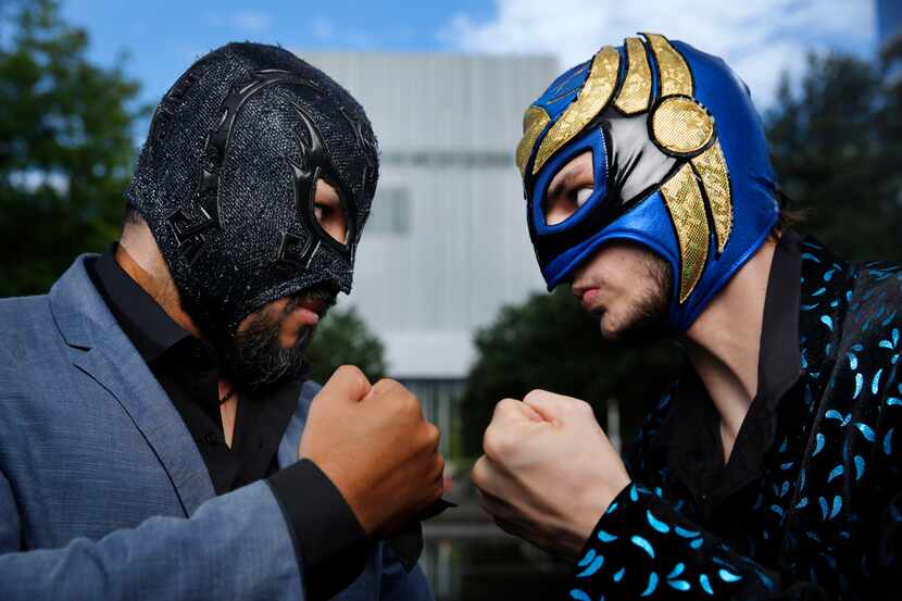 "Lucha Teotl" cast member Dylan Cantu as the masked luchador Huitzi, right, goes nose to...