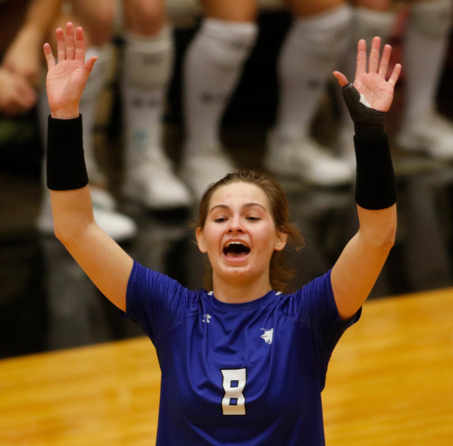 Trophy Club Byron Nelson outside hitter Paige Flickinger (8) was all smiles following a Lady...