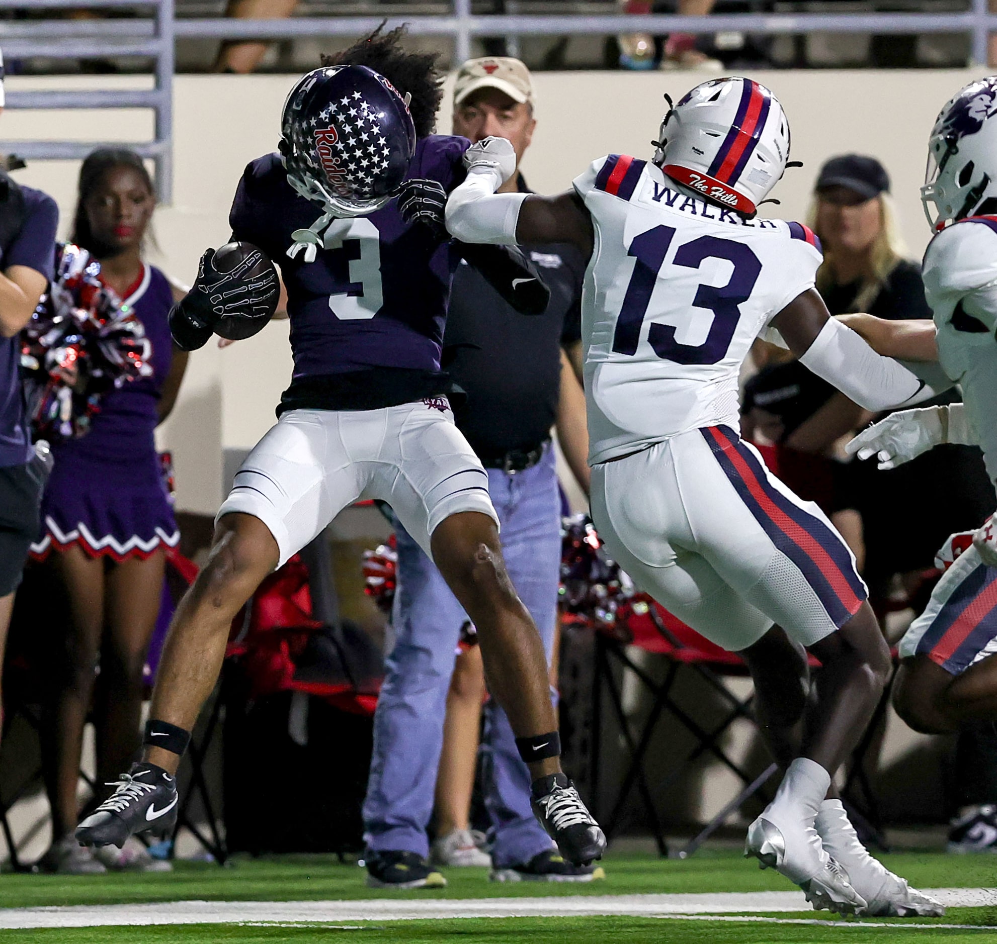 Denton Ryan wide receiver Lorenzo Hill (3) loses his helmet after a hard hit by Richland...