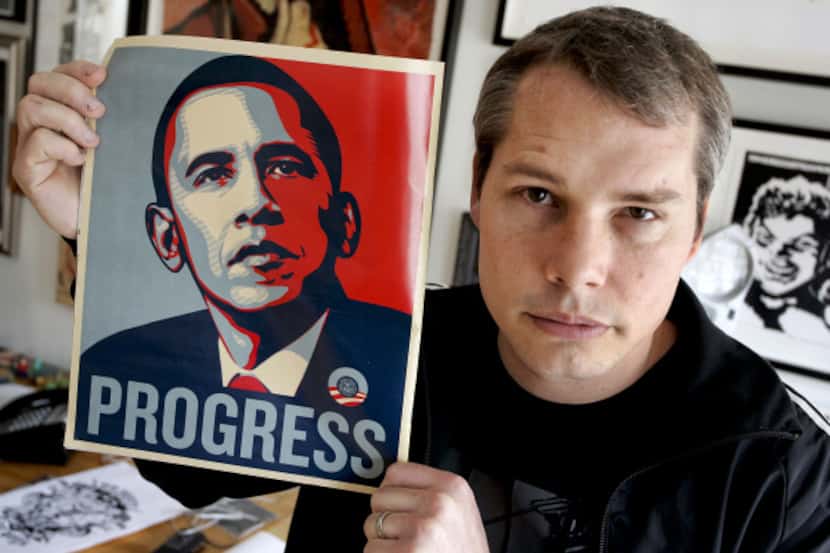 Artist Shepard Fairey with his print depicting U.S. President Barack Obama in his studio in...