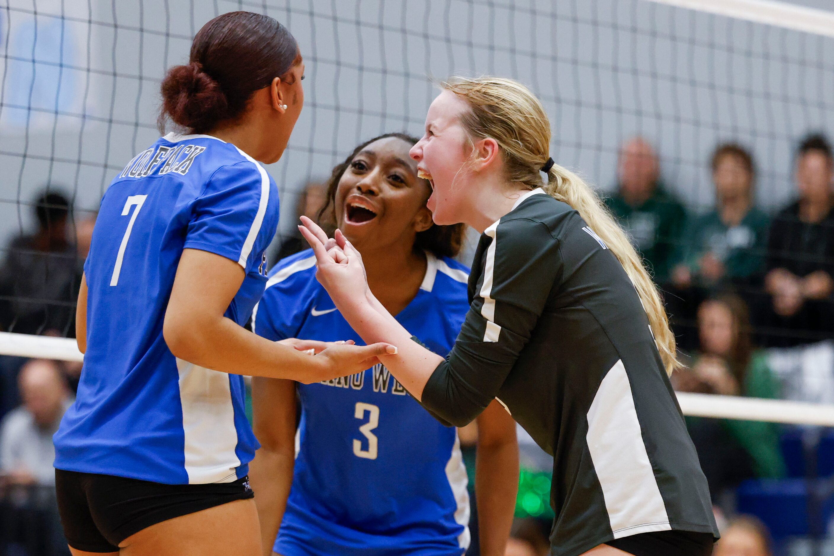 Plano West’s Jaida Gray (left), Aajaylah Zeno (center) and Emily Osborne against Prosper...