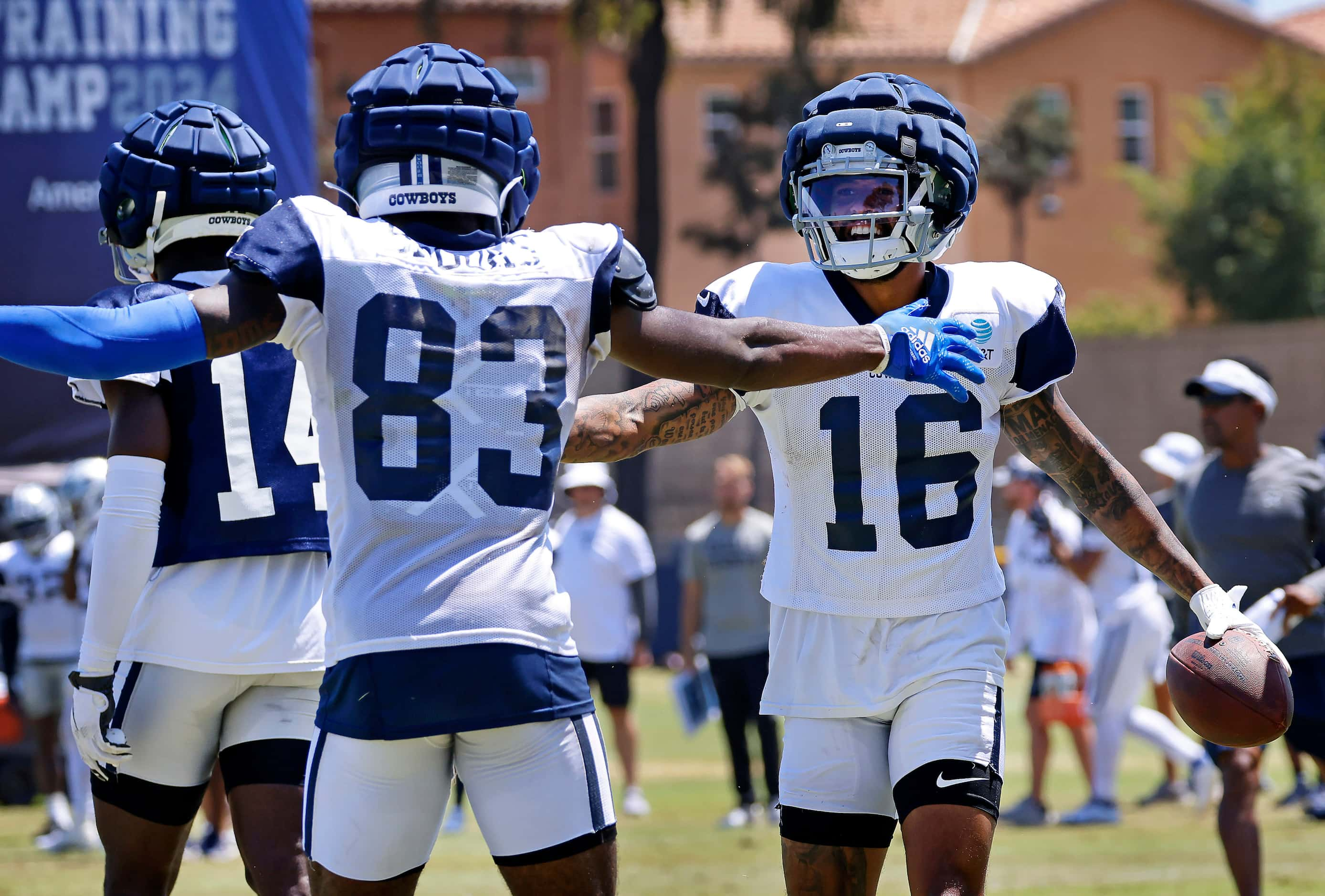 Dallas Cowboys wide receiver Jalen Moreno-Cropper (16) celebrates his touchdown catch with a...