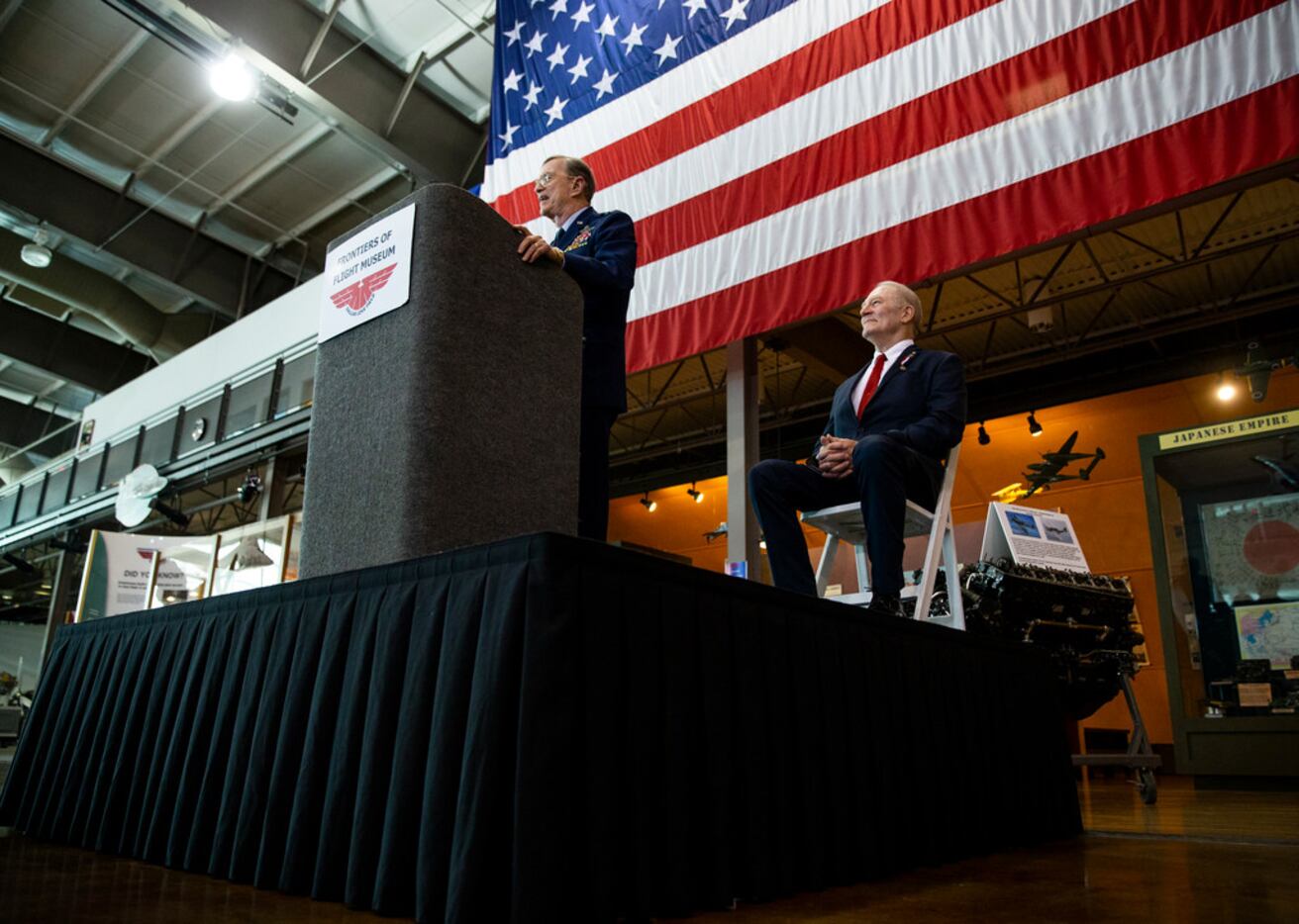 Retired U.S. Air Force Col. Ken Cordier (left) gave remarks as Philip Teipel, chairman for...