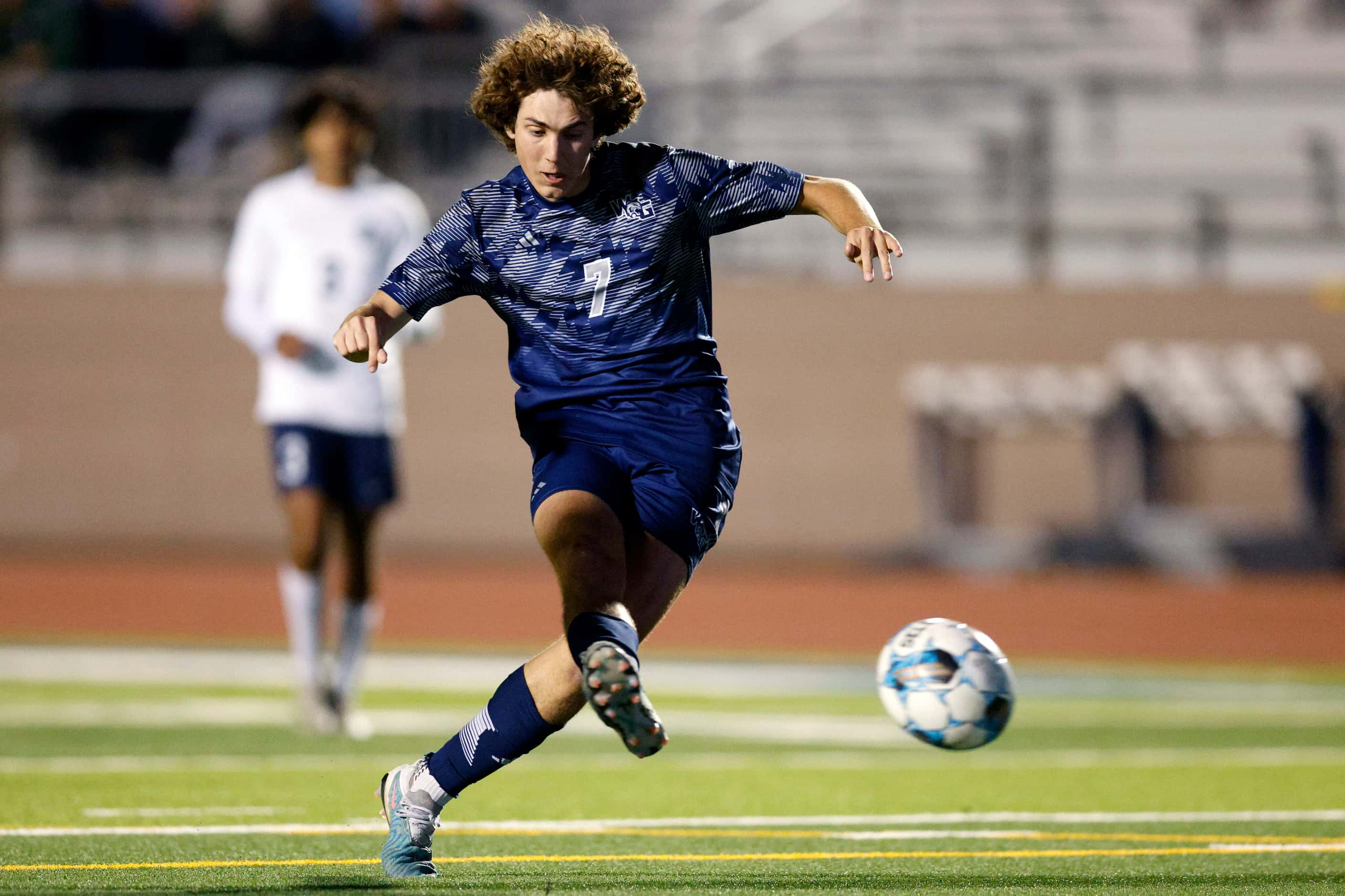 Prosper Walnut Grove midfielder Benjamin Joyner (7) scores a goal during the second half of...