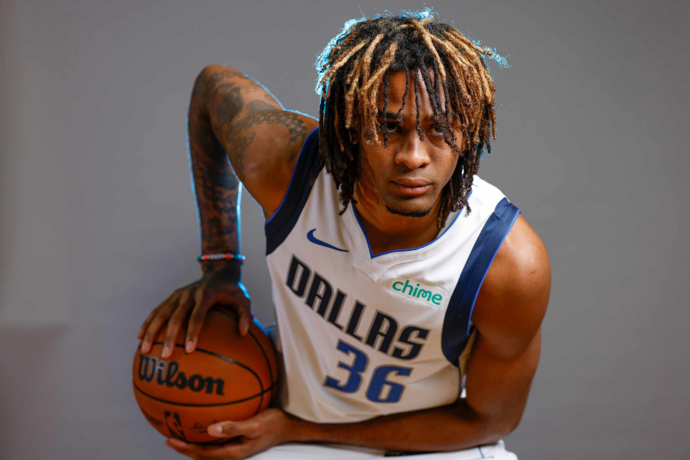 Dallas Mavericks’ Greg Brown III poses for a photo during the media day on Friday, Sept. 29,...