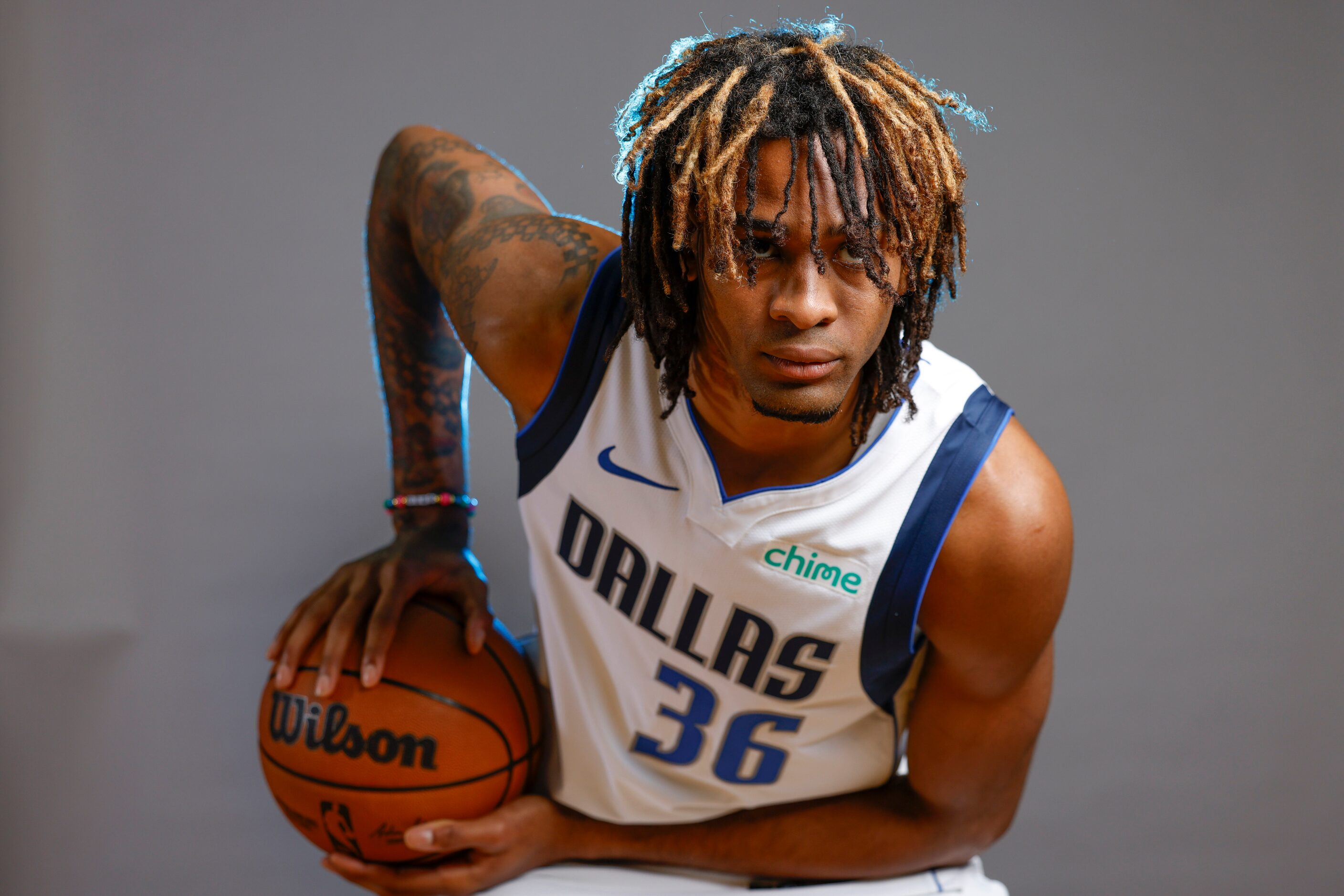 Dallas Mavericks’ Greg Brown III poses for a photo during the media day on Friday, Sept. 29,...