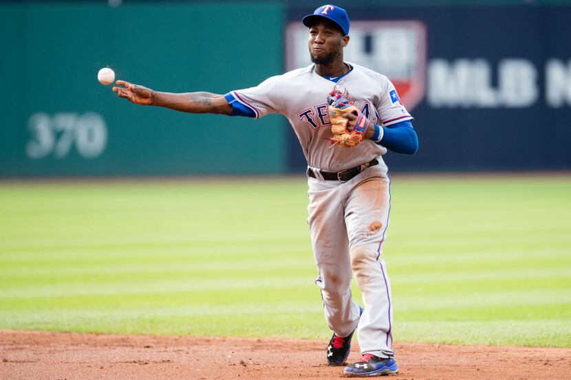 CLEVELAND, OH -  JUNE 1: Second baseman Jurickson Profar #19 of the Texas Rangers throws out...