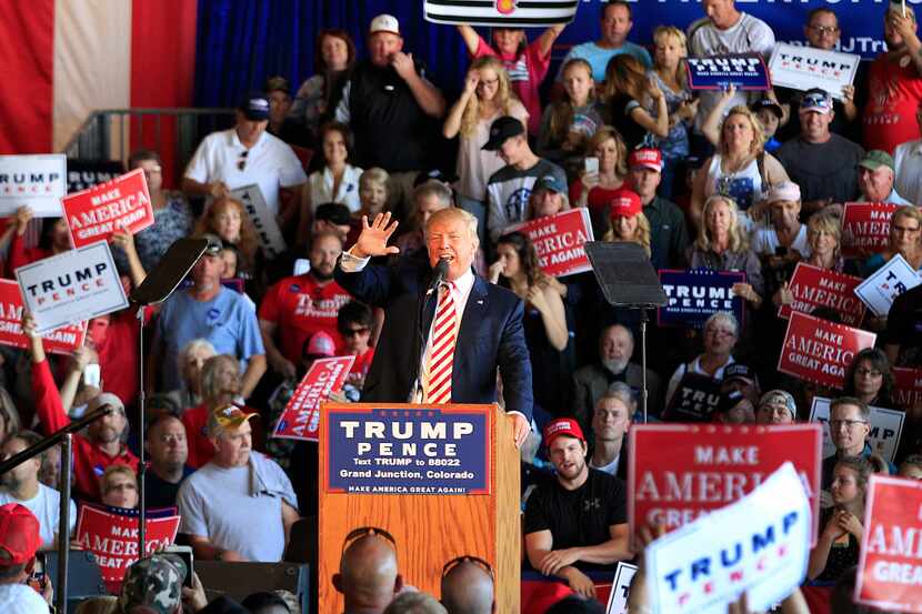 GRAND JUNCTION, CO - OCTOBER 18: Republican presidential candidate Donald Trump speaks at a...