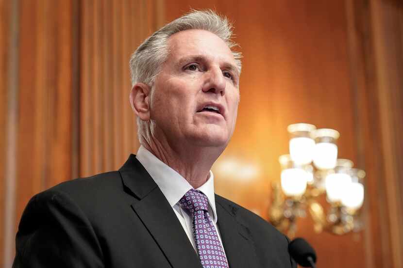 Speaker of the House Kevin McCarthy, R-Calif., addresses reporters about efforts to pass...