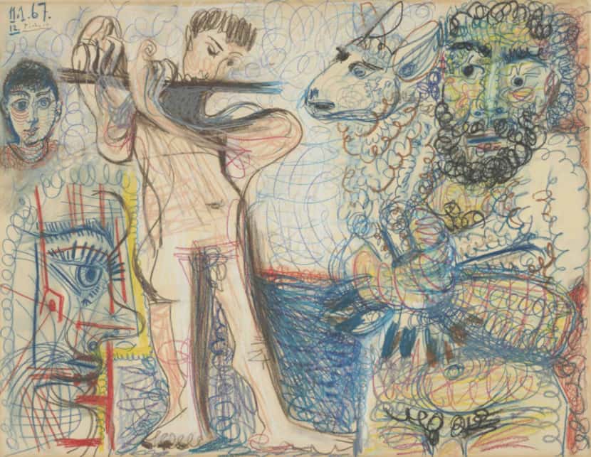  Picasso used colored crayons and pencils on cream paper for Man Holding a Sheep, Flutist,...