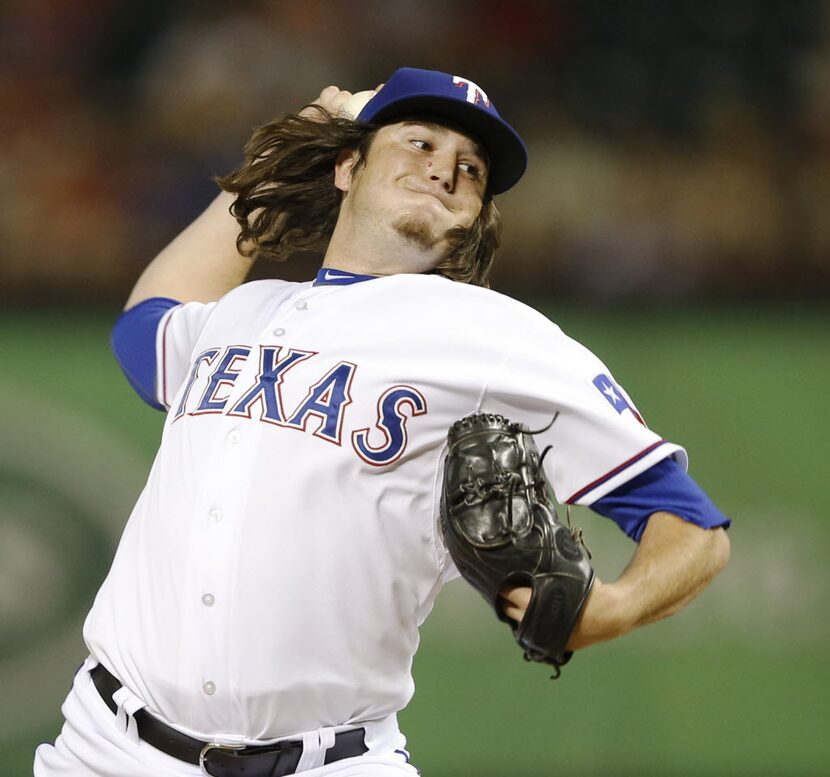 Texas Rangers pitcher Luke Jackson (53) pitches in a game against the Detroit Tigers at...