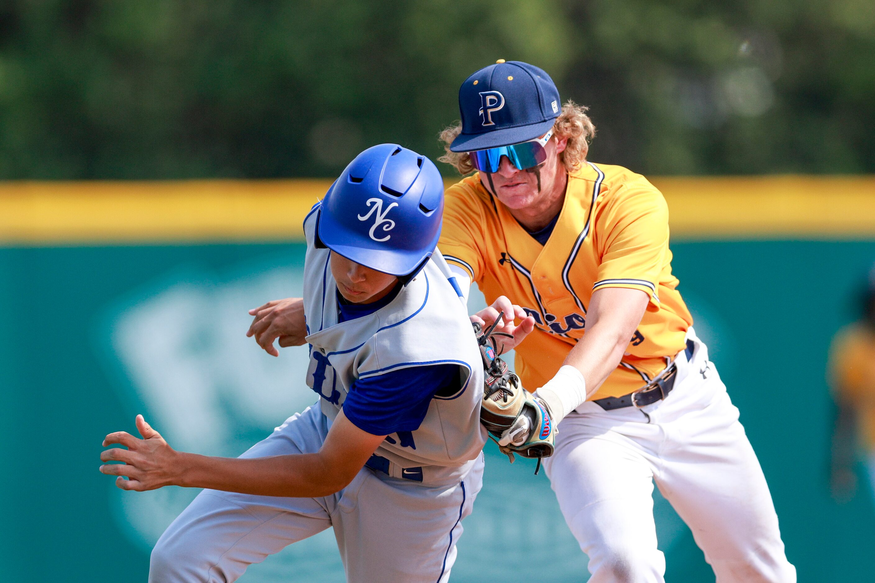 Plano Prestonwood shortstop Will Johnson (9) catches Fort Worth Nolan infielder Gabriel...