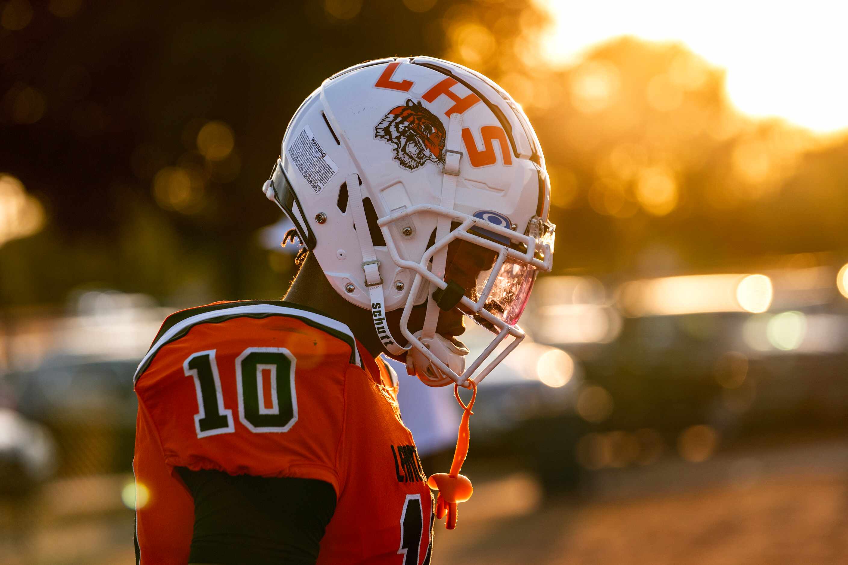 Lancaster junior linebacker Ke’Breion Winston (10) prepares to take the field before a high...