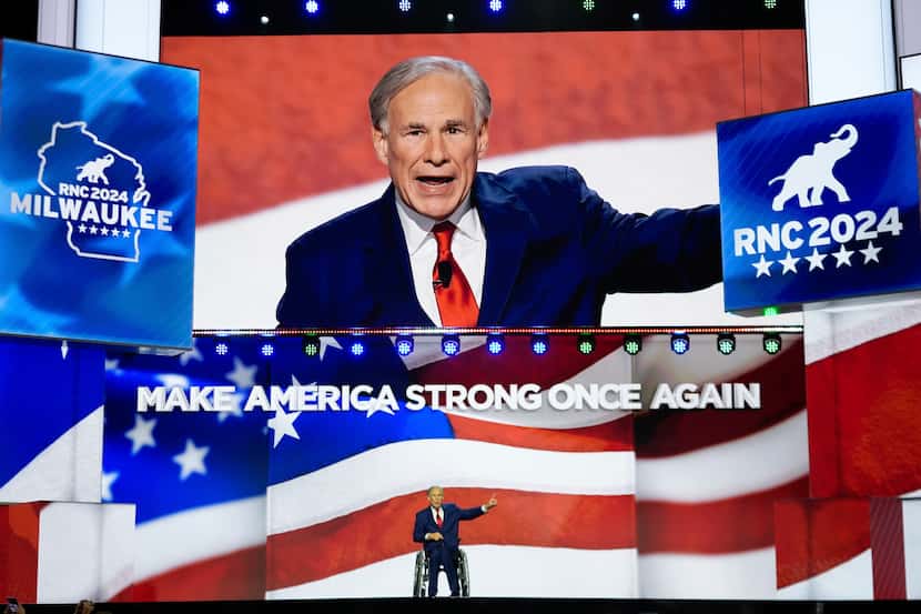 Gov. Greg Abbott, R-Texas, speaks during the Republican National Convention Wednesday, July...