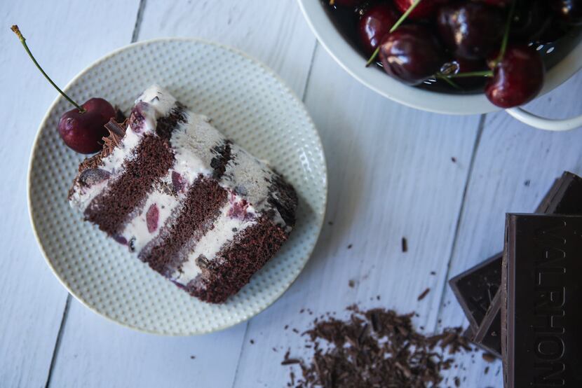 Black Forest Ice Cream Cake is made with a buttermilk chocolate cake base layered with black...