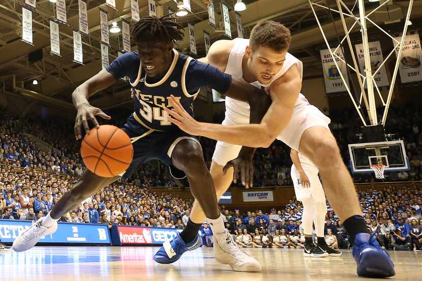 DURHAM, NORTH CAROLINA - JANUARY 26: Antonio Vrankovic #30 of the Duke Blue Devils goes...